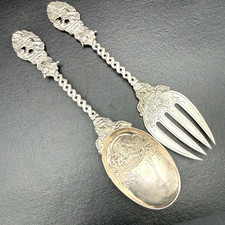 Antique German Hanau 800 Fine Silver Ornate Figural Fork & Spoon Set 10" PAIR