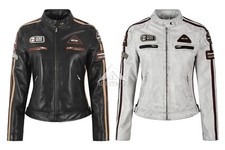 SIZMA Ladies Leather Jacket Classic Retro Motorcycle Racer Style Vintage Jacket