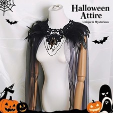 Gothic Halloween Cloak Feather Tulle Cape Fashion Witch Shawl  Adults