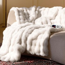 Faux Rabbit Fur Electric Heated Throw Blanket 10 Heat Settings Washable Fleece