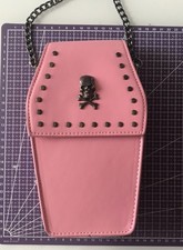Alternative Gothic Coffin Shape Crossbody Bag, pink, chain strap & skull detail