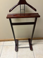 VTG MCM Cherrywood Valet Stand Suit Rack Butler Clothes Hanger On Wheels 36”