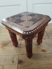 Indian Hand carved Sheesham Wood Side Table With Brass Inlay On Floral Pattern