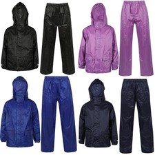 Kids Boys Girls Waterproof Hooded Rain Suit Jacket & Pants Set with Bag 3-14 Yrs