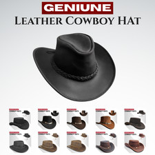 Real Leather Cowboy Hat Black Wide Brim Hat With Adjustable Chinstrap Aussie Hat