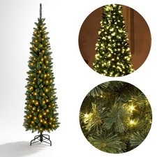 PRE LIT SLIM PENCIL CHRISTMAS TREE 4FT 5FT 6FT WARM WHITE LED METAL STAND XMAS