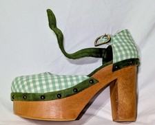 Fillyboo Wooden Clog Sandals, Green Gingham, Size 40 EU New