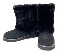 UGG Maylin Leather Boots Women 7 Black Faux Fur Cuff Mid-Calf Winter