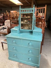 Vintage Blue Painted Dressing Table Chest of 4 Drawers with Mirror