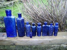 Collection of  9 Antique Victorian Cobalt Blue Poison Bottles Not To Be Taken.