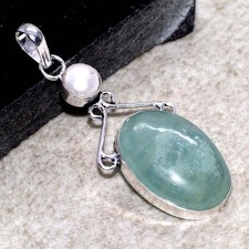 925 Silver Plated Long Aquamarine Pearl Pendant Gemstone Handmade 2.5" GW