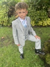 Boys Suits 5 Piece Wedding Page Boy Party Prom Suit Grey Blue CheckedBaby 15 Yrs