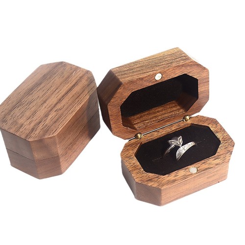 Vintage walnut wooden ring box - wooden,