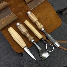 Spoon Carving Tool Set 4 PCS with Leather Roll - Hand-Forged Carbon Steel Blades