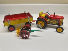 Vintage KOVAP Zetor Czech Tin Tractor & Trailer Wind-Up Toy with potato spinner
