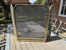 Vintage Brass Framed Fire Screen, 3 Panel, Cut Out Brass Decoration,Black Insert