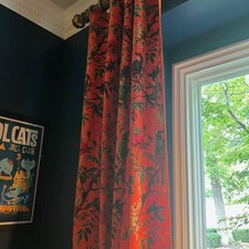 2 pc set Indian Cotton Velvet Curtain: Orange Bird Print Boho Drapes Hippie Deco