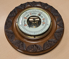 Vintage carved wood aneroid barometer weather instrument bevelled glass 8.5 inch
