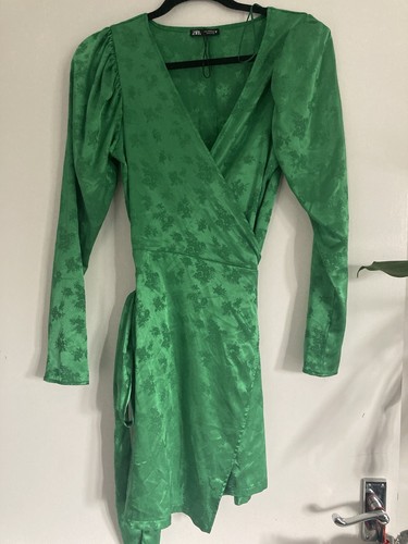Zara green satin wrap dress