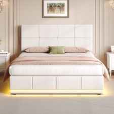 Ottoman Storage Gas Lift Up 4ft6 Double Size PU Leather Bed Frame w/ LED White