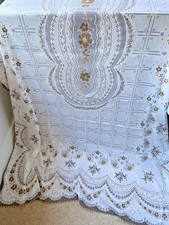 VINTAGE WHITE POLYESTER SPANISH LACE  LARGE TABLECLOTH~56" x 92"  BROWN FLORAL