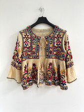 Boho Jacket Embroidered Folk Beige Cotton UK 12-14