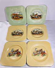 Vintage Dickens Days Set Of 6 Sq Plates, Vtg, Empire Shelton Ivory Transferware