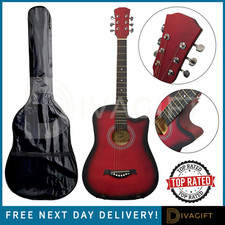 RED ACOUSTIC GUITAR CUTAWAY HARDWOOD FINISH STEEL STRINGS NEW 38 INCH ADULT SIZE