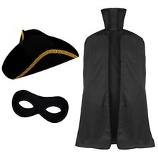 HIGHWAY MAN COSTUME TRICORN HAT BLACK CAPE MASK BANDIT TURPIN ZORRO FANCY DRESS