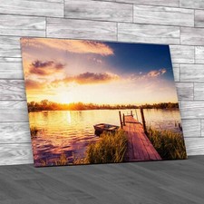 Sunset Pier Jetty With Boat On Lake Canvas Print Large Picture Wall Art