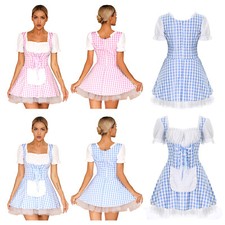 UK Women French Maid Cosplay Costume Halloween Anime Maid Plaid Fancy Dress