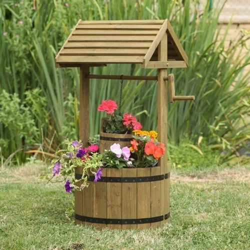 Wooden wishing well planter - wooden,