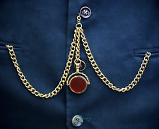 18ct Gold Plated Pocket Watch Double Albert Chain with Red Onyx Spinner Fob