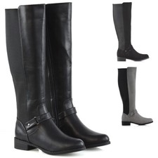 Womens Knee High Flat Low Heel Ladies Zip Buckle Stretch Leg Calf Boots Size 3-8