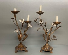 Pair Of French Art Nouveau Gilt Bronze Candelabras White Porcelain Flowers c1910