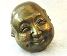 OLD SIGNED BRONZE Carved Buddhism Buddha Head Sculpture Statue 4 Faces 6cm