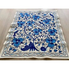 Vintage Uzbek Suzani Embroidery, Blue Floral Textile, Hand-Stitched Wall Hanging