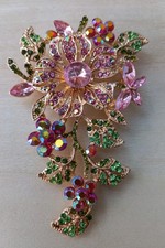 Pretty Vintage Style Flower Brooch Pin Pink Green Aurora Sparkly Large Size New
