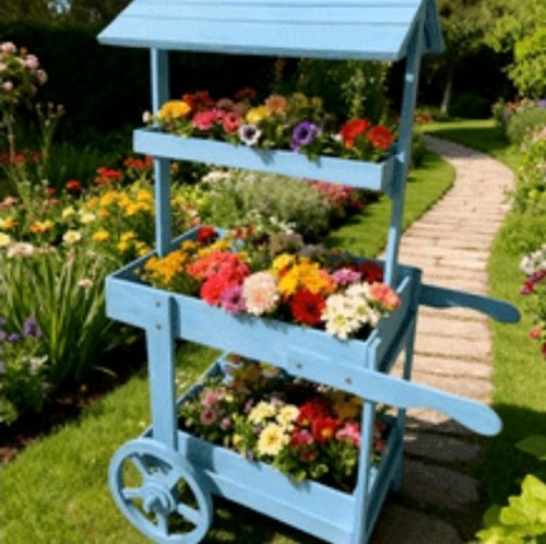 Wooden blue plant trolley - blue,