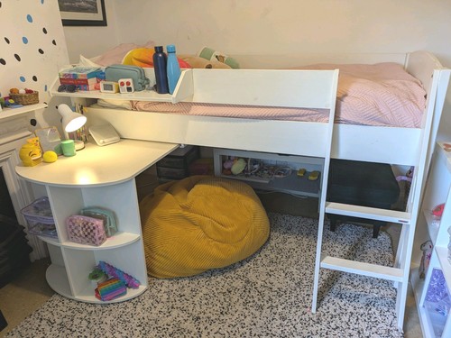White wooden single loft bed - wooden,