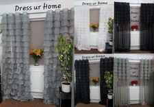 Novelty flounce voile long net curtain white/grey/black ring top, pencil pleat