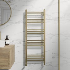 Heated Towel Rail Brushed Brass 1200 x 450mm Flat Bathroom Wall Mounted Steel