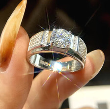 GENUINE 1ct Moissanite Ring GRA 925 Sterling Silver Wide Band Sparkly Unisex Men