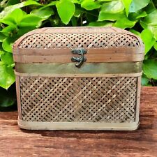 Vtg Wicker Rattan Wood Trunk Storage Chest Brass Hinged Boho 14"w x 11"t x 9"d