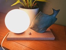 Vintage French Lamp  Signed M. Font. Fish Globe Light Marble Base Spelter Rare 