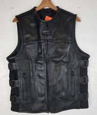 Leatherick Men’s Black Genuine Leather Motorcycle Vest SWAT Style Size L