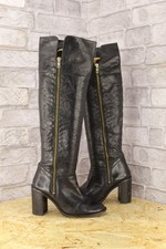 BLACK LEATHER BLOCK HEEL KNEE HIGH BOOTS SIZE 4 / 37 TOPSHOP USED CON
