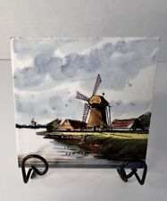 Vintage 1970s Dutch Delft Polychrome Pottery Tile • Hand Painted Windmill Design