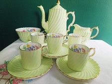 Aynsley Cup Saucer Demitasse Tea Pot Set Bone China England Swirl Vintage Green