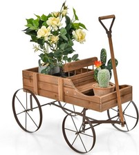 4-Wheel Wooden Garden Wagon & Brown Planter Cart w/ Handle for Outdoor Plants